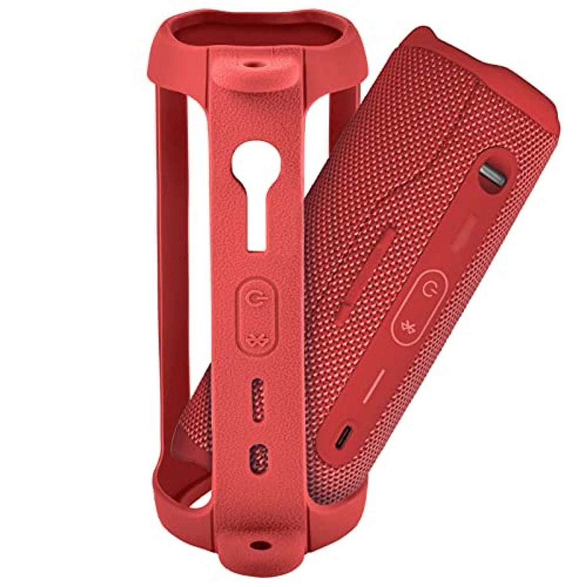 Red silicone speaker case front cutout design, with hanging loop and control panel openings