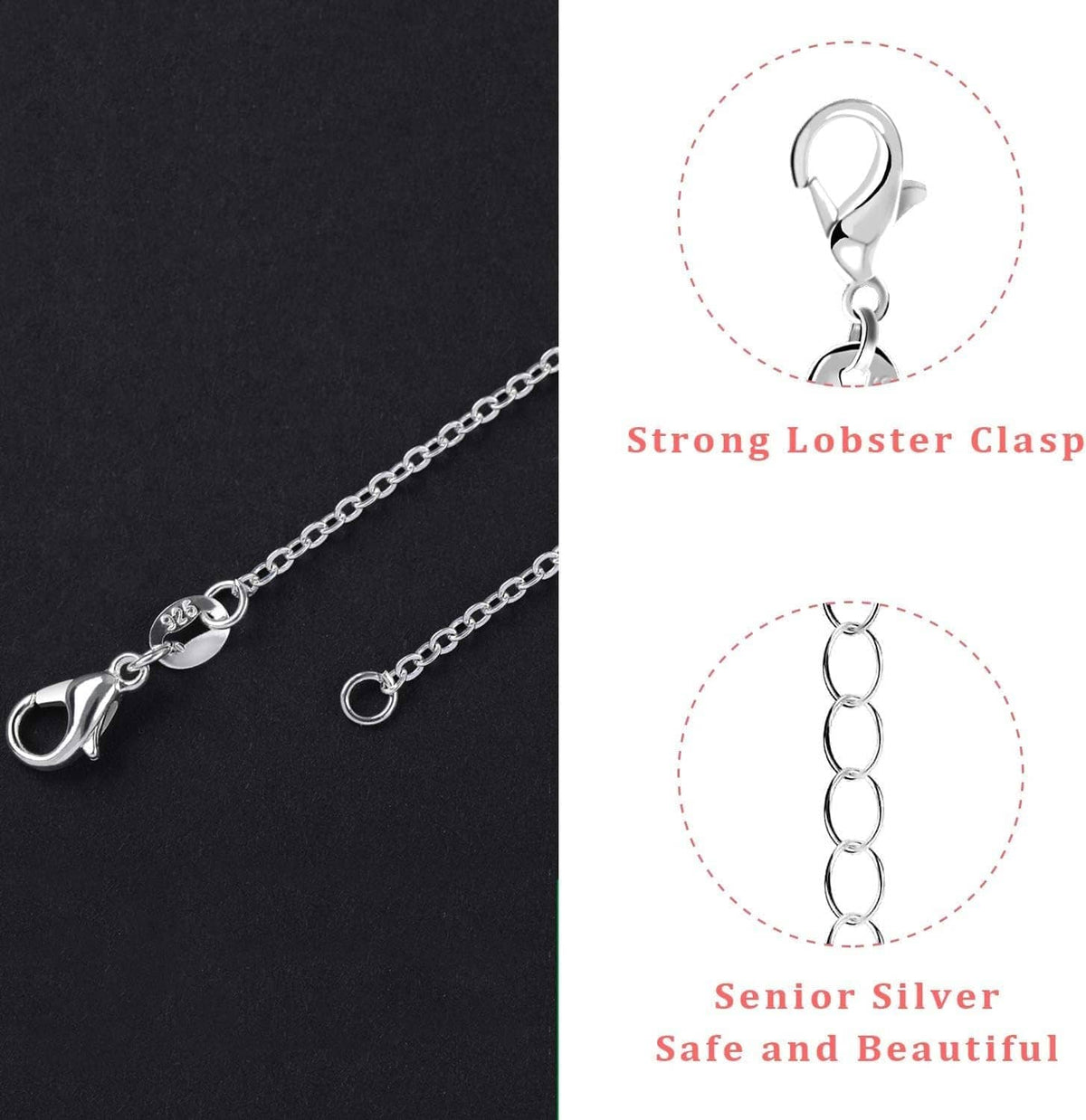 Silver-plated necklace chain with lobster clasp and oval links, shown close-up.