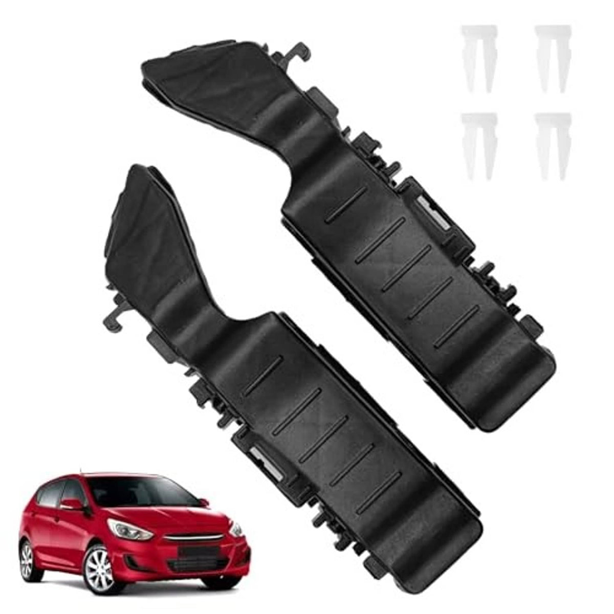 Black front bumper bracket set, left and right molded plastic pieces with clips