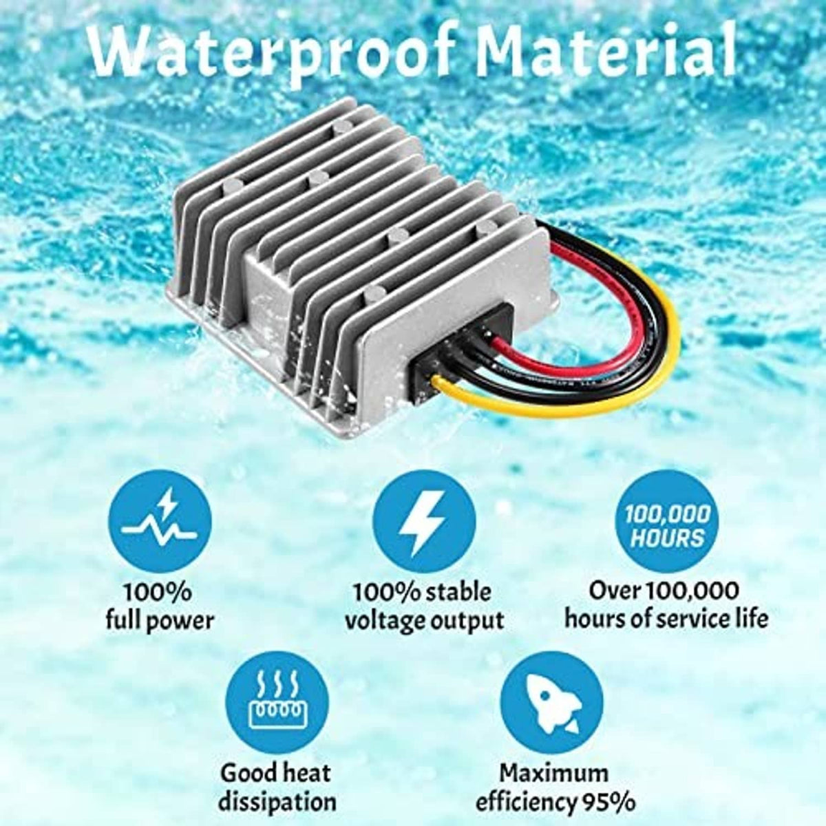 Waterproof-rated DC step-down voltage converter module with cables under water splash