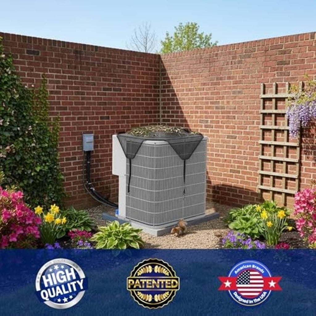 Octagonal dark AC condenser cover fitted on outdoor unit in garden