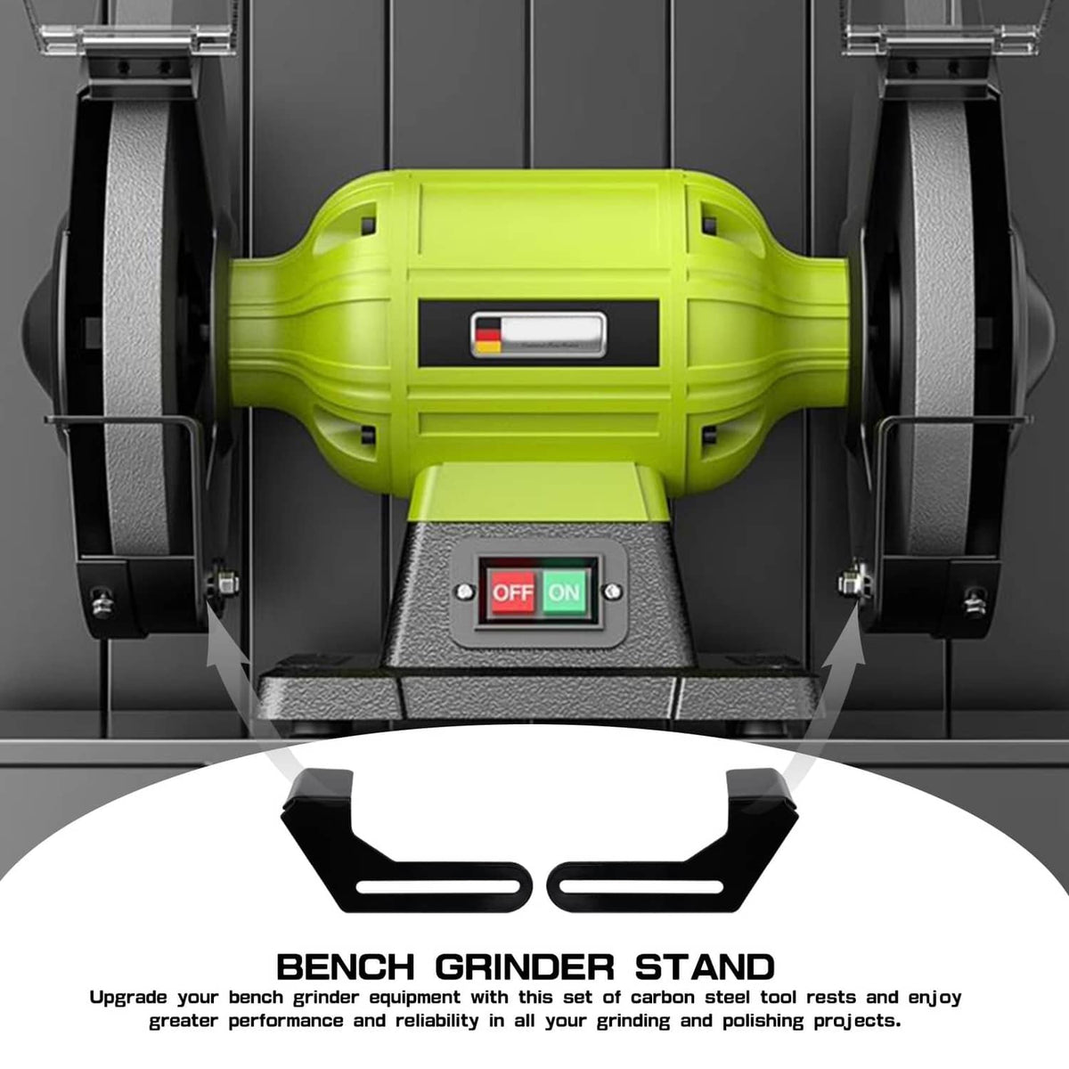 Bench grinder stand tool rest set in use beneath bench grinder for support