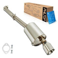 Stainless steel cat-back exhaust muffler with rear inlet pipe and round outlet tips