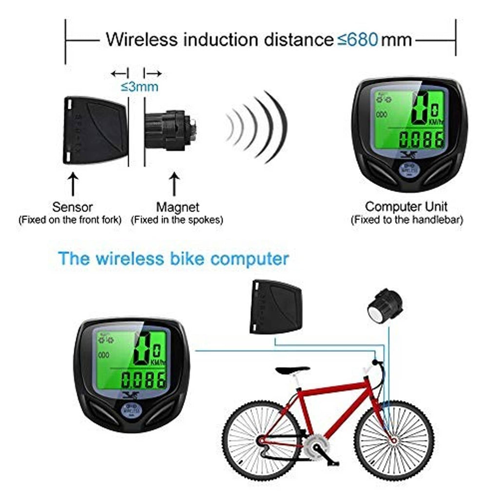 Wireless bike computer with sensor and magnet distance diagram; LCD on handlebar