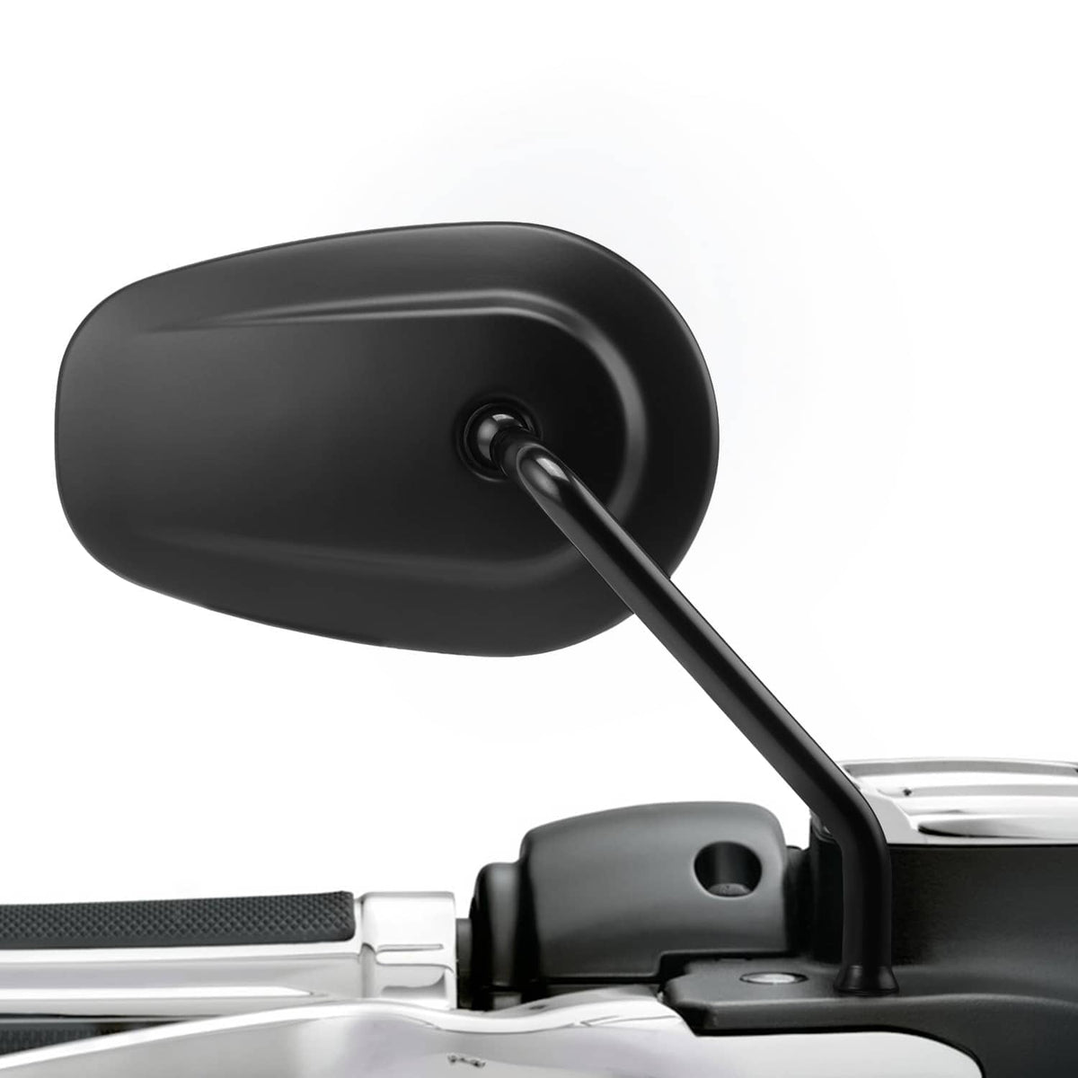 Close-up of black rearview mirror with oval glass and stem mounted on handlebars