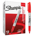 Red fine-point permanent marker set with 12 markers, gray barrels and red caps