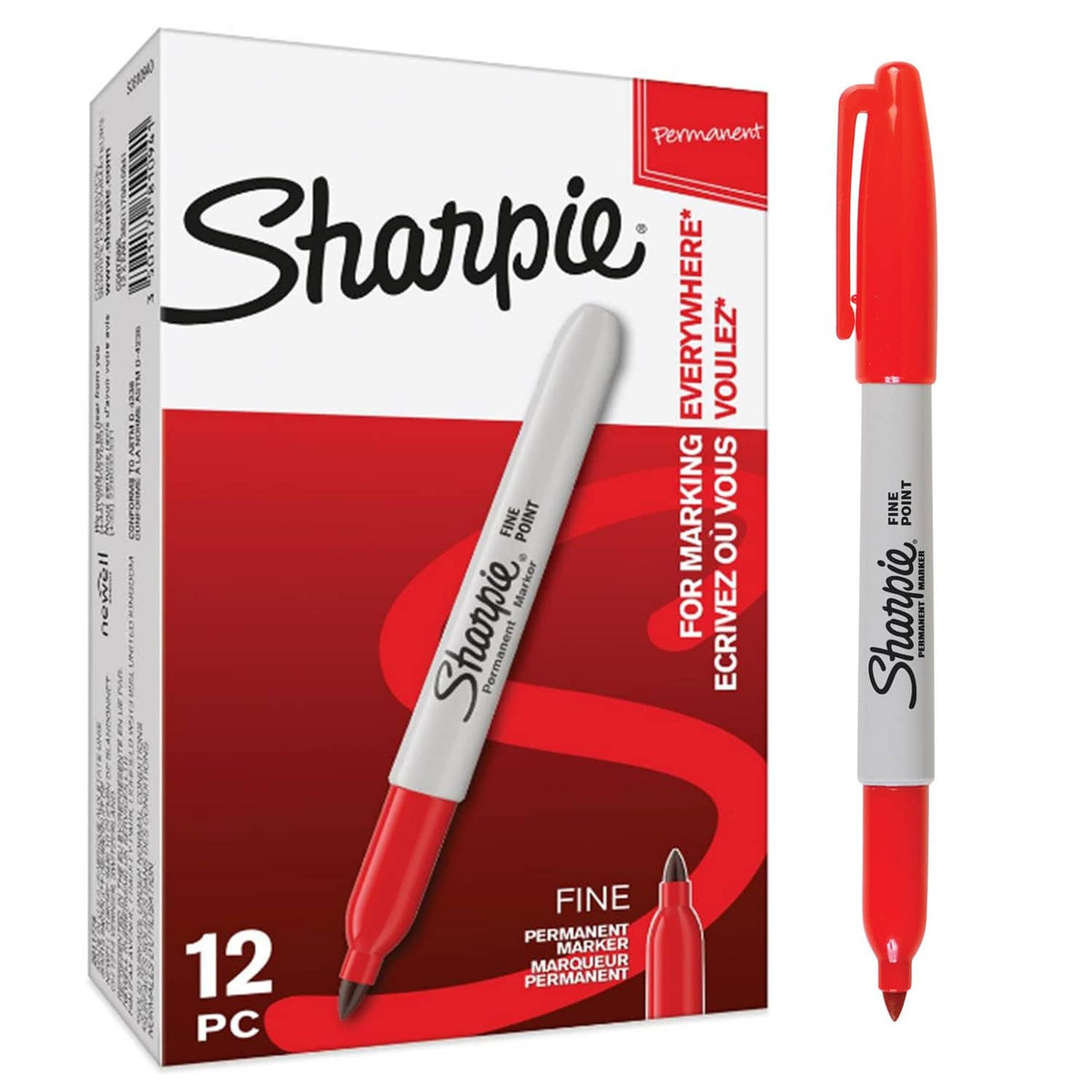 Red fine-point permanent marker set with 12 markers, gray barrels and red caps