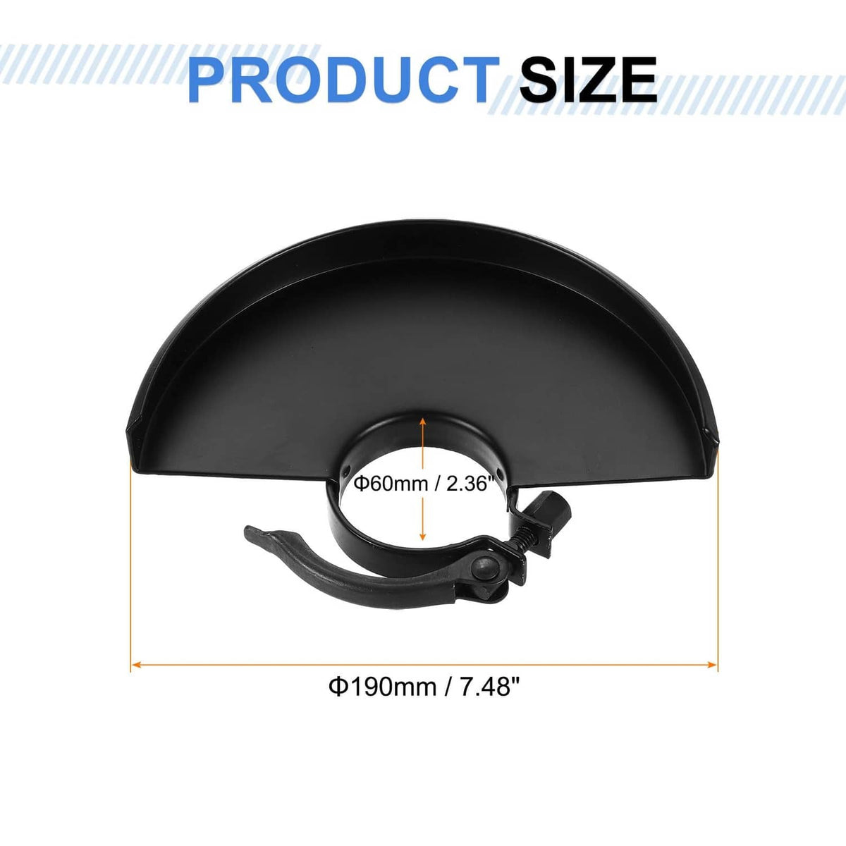 Black angle grinder safety cover with circular mounting ring and clamp