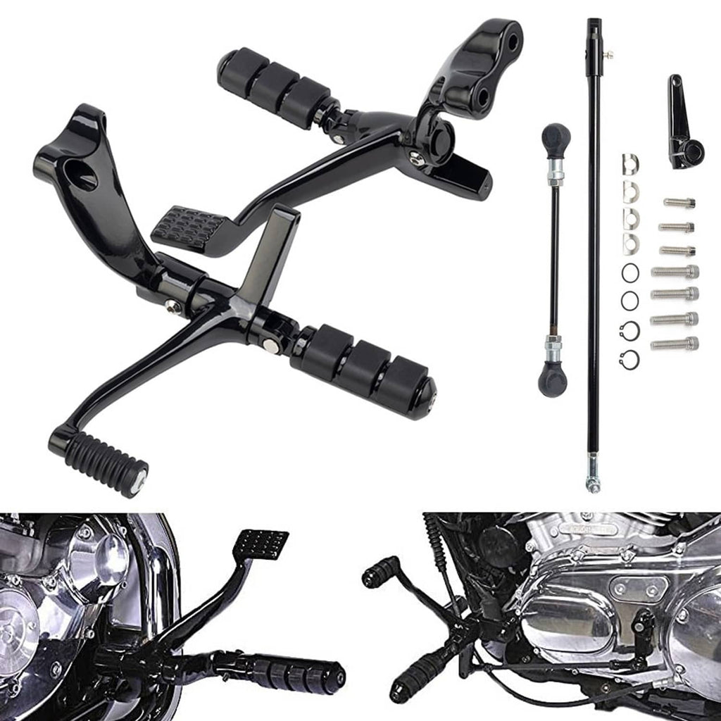 Black motorcycle forward control levers and footpegs set with mounting hardware