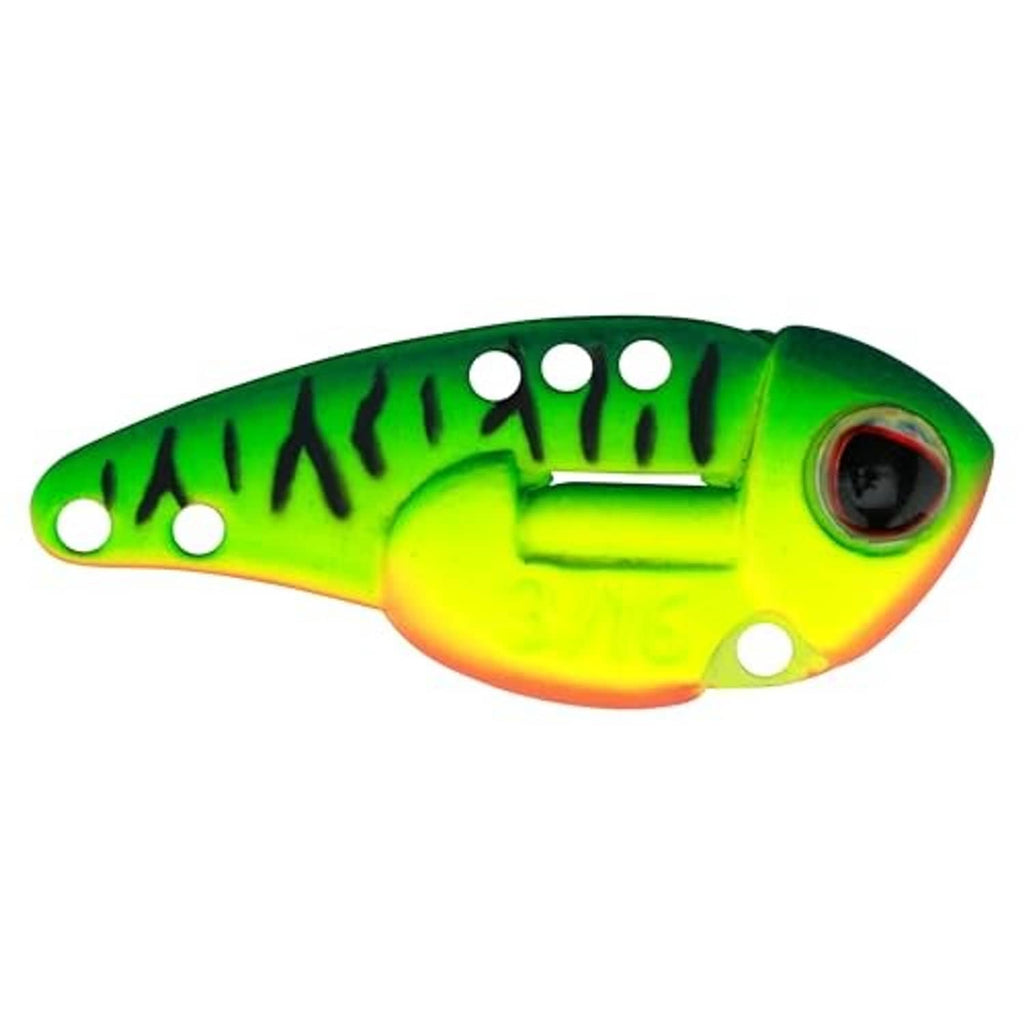 Firetiger blade bait lure, green and yellow body with red eye and treble hooks
