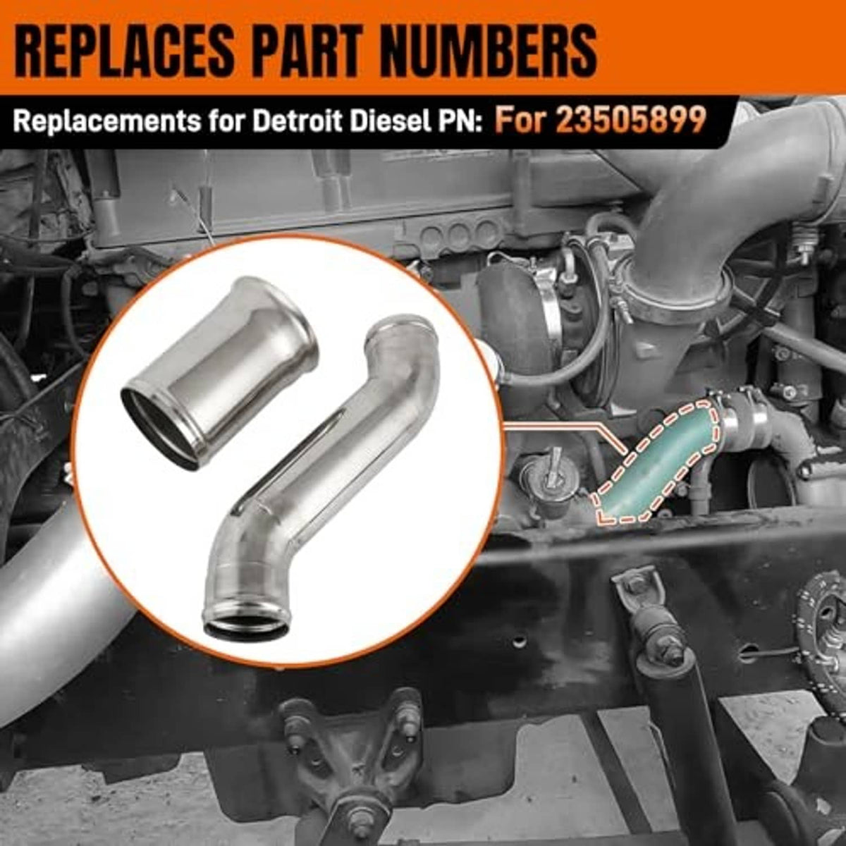 Silver coolant pipe replacement part shown with matching Y-shaped tubing.