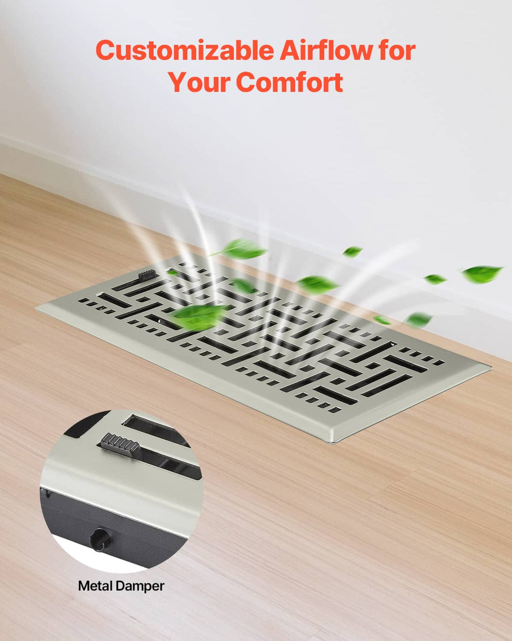 Nickel-plated floor register vent installed on wood flooring with airflow graphic