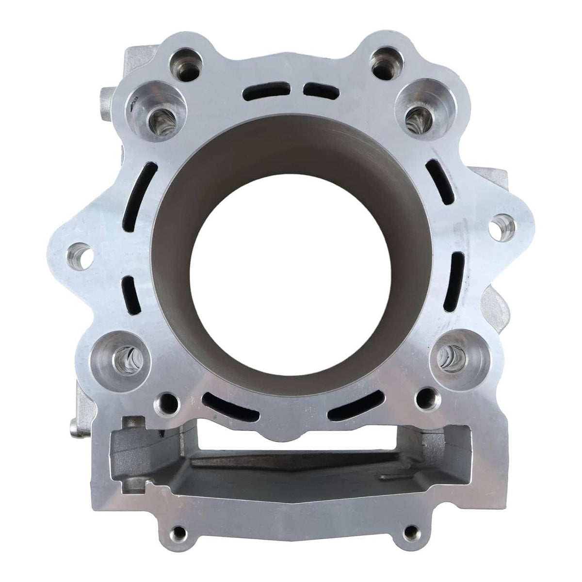 Metal engine cylinder jug front view with circular bore opening and stud holes