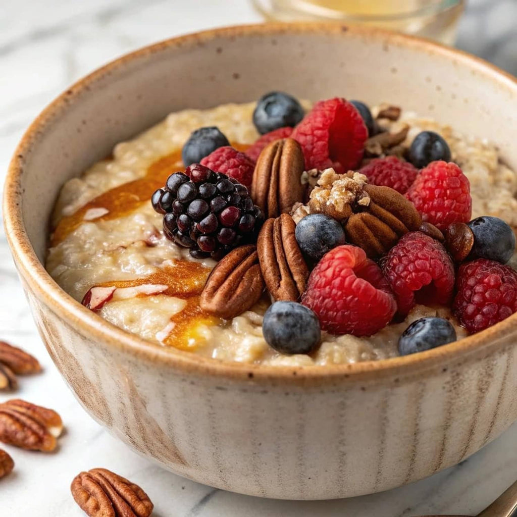 Creamy oatmeal in ceramic bowl topped with blueberries, raspberries, and pecans