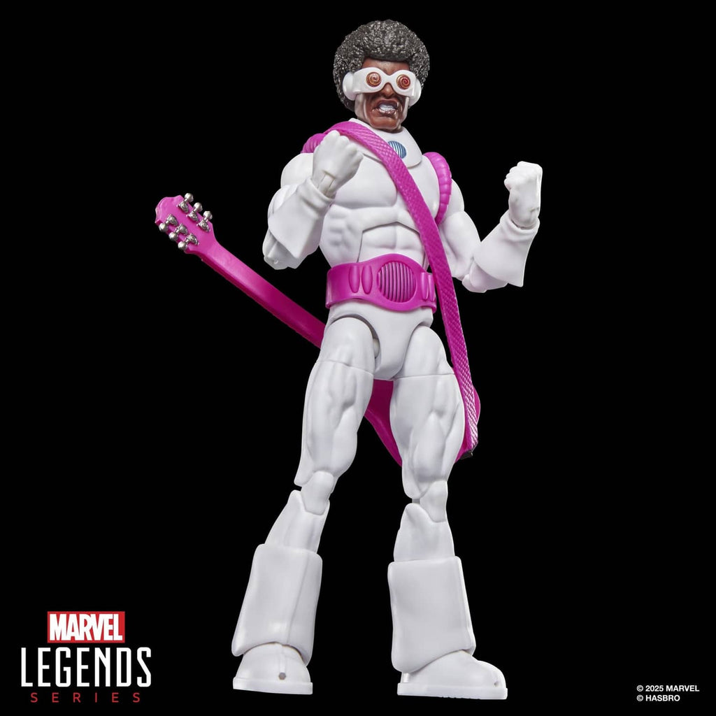 White-suited action figure with purple guitar and pink belt, arms raised