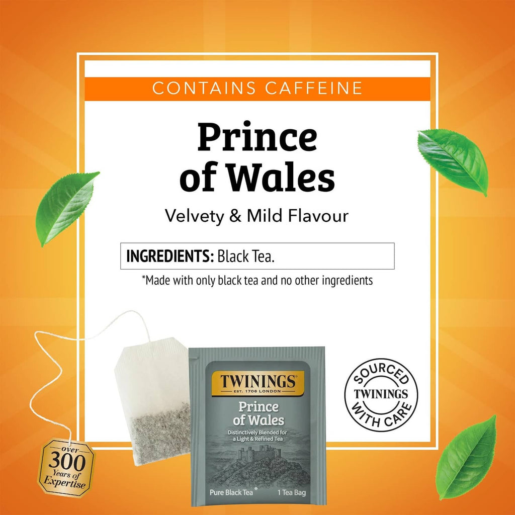 Caffeinated Twinings Prince of Wales black tea bag, velvety & mild flavour
