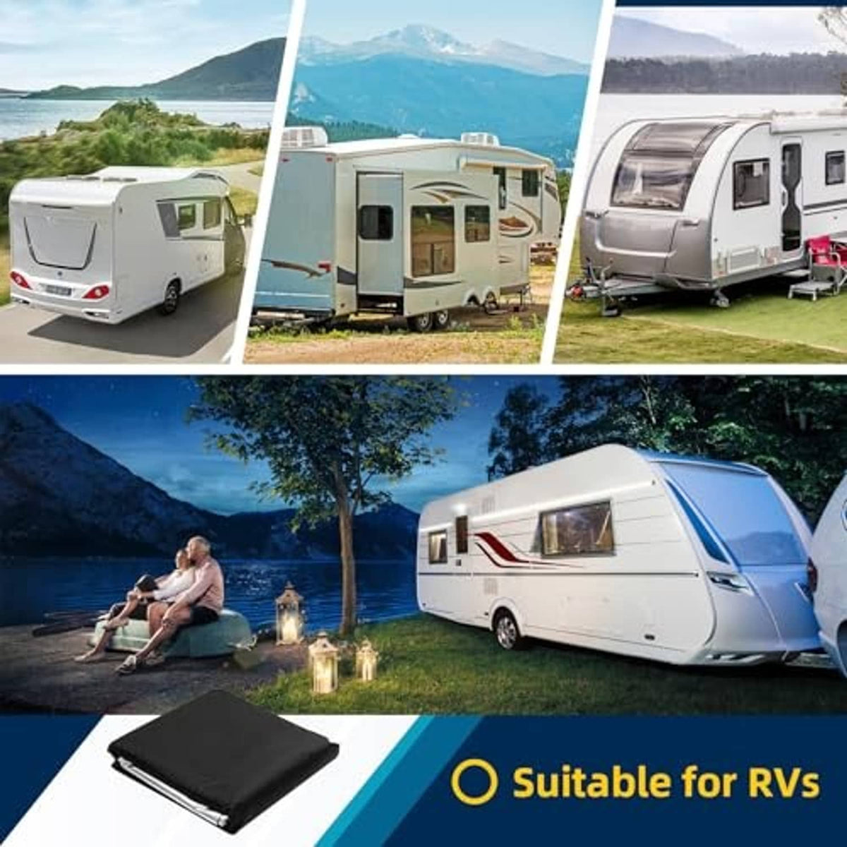 Black RV cover tarp shown on multiple travel trailer shapes and sizes
