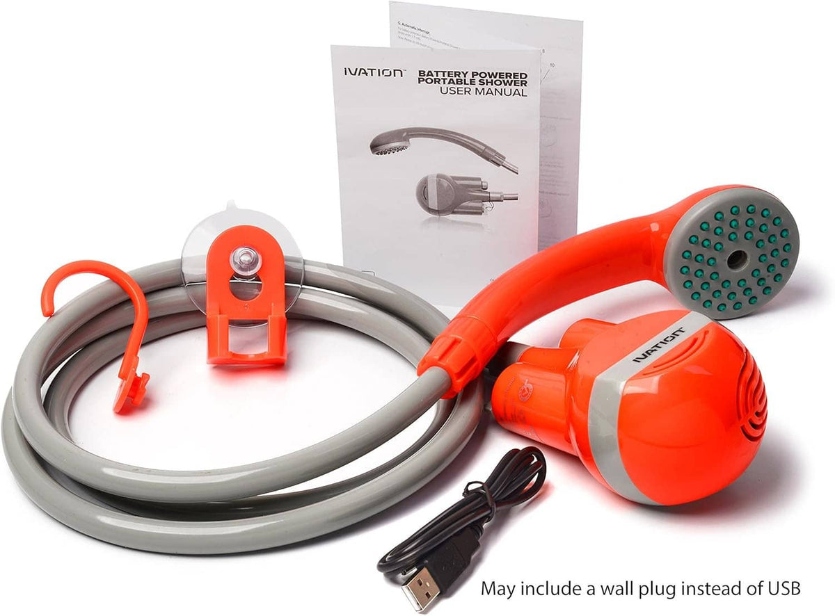 Portable shower kit with orange pump, gray hose, and round spray head