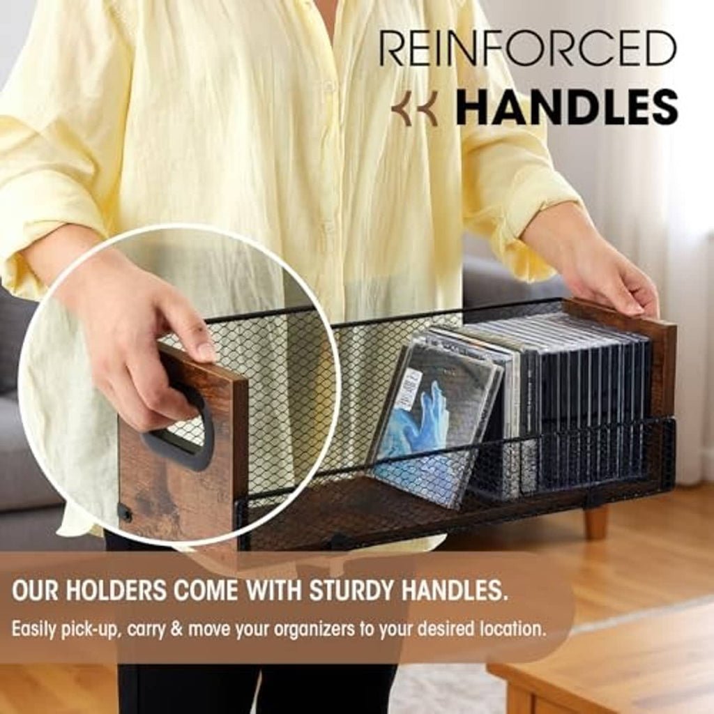 Wooden CD storage rack with reinforced handles and metal mesh compartment for CDs