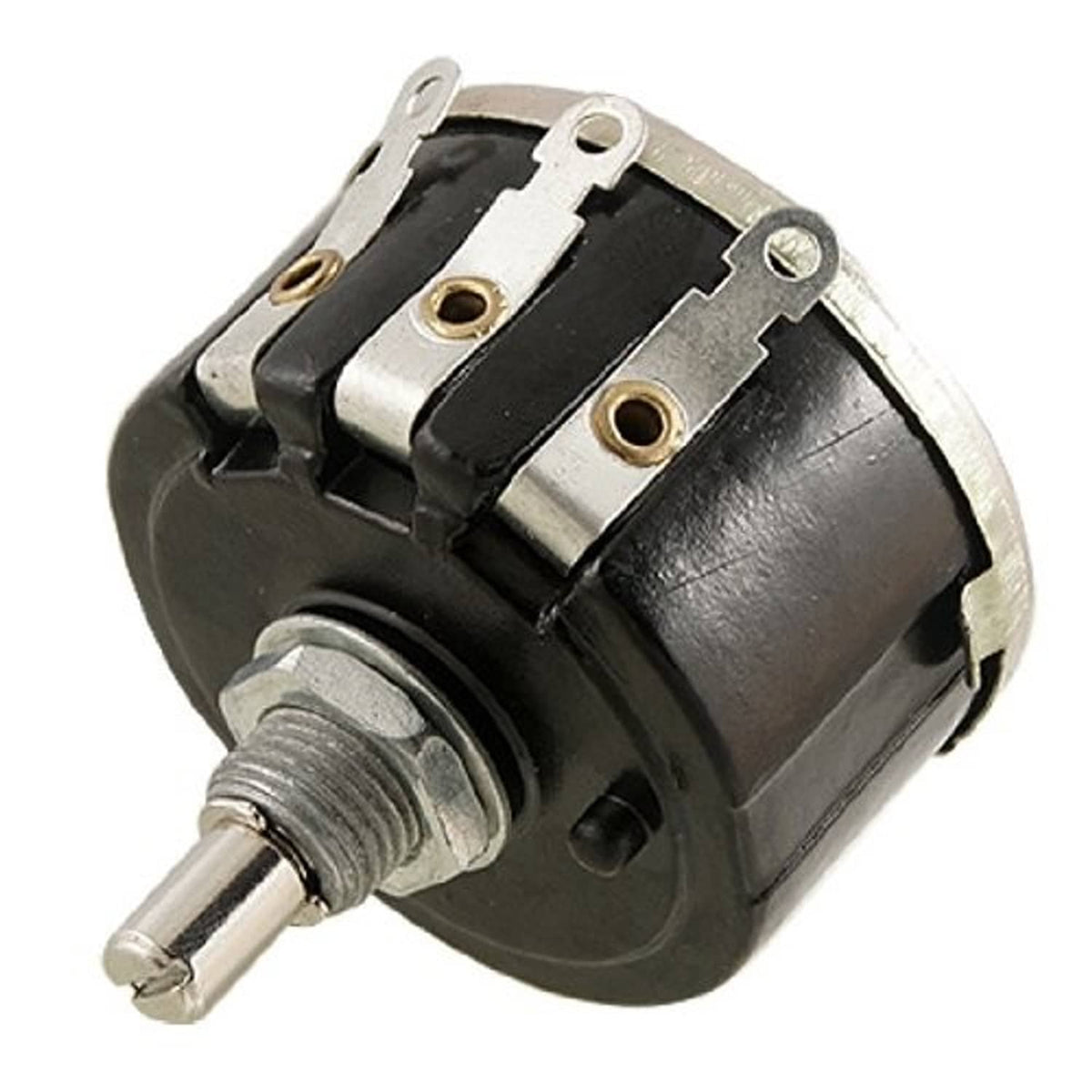 Wirewound potentiometer with two metal tabs and shaft, black body