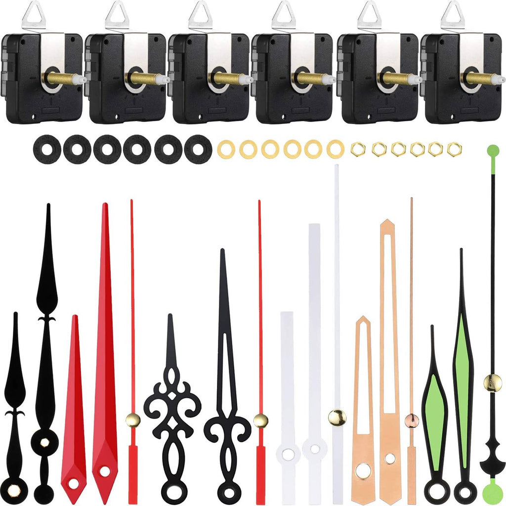 Black battery-operated clock movement mechanism set with golden winder and hands (6-pack)