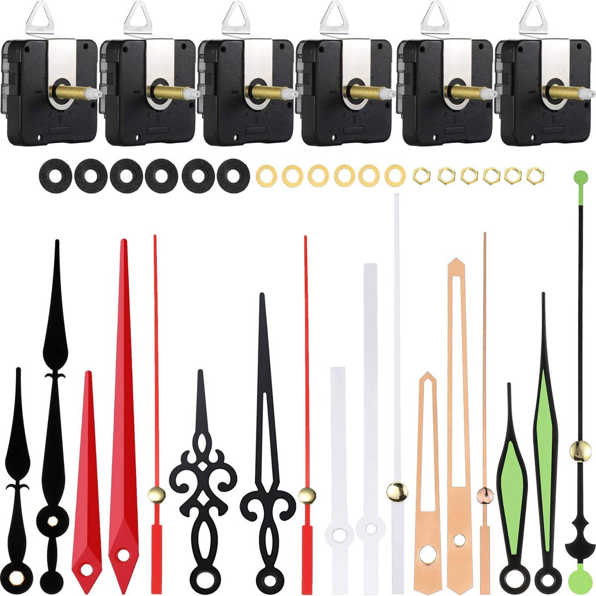 Black battery-operated clock movement mechanism set with golden winder and hands (6-pack)