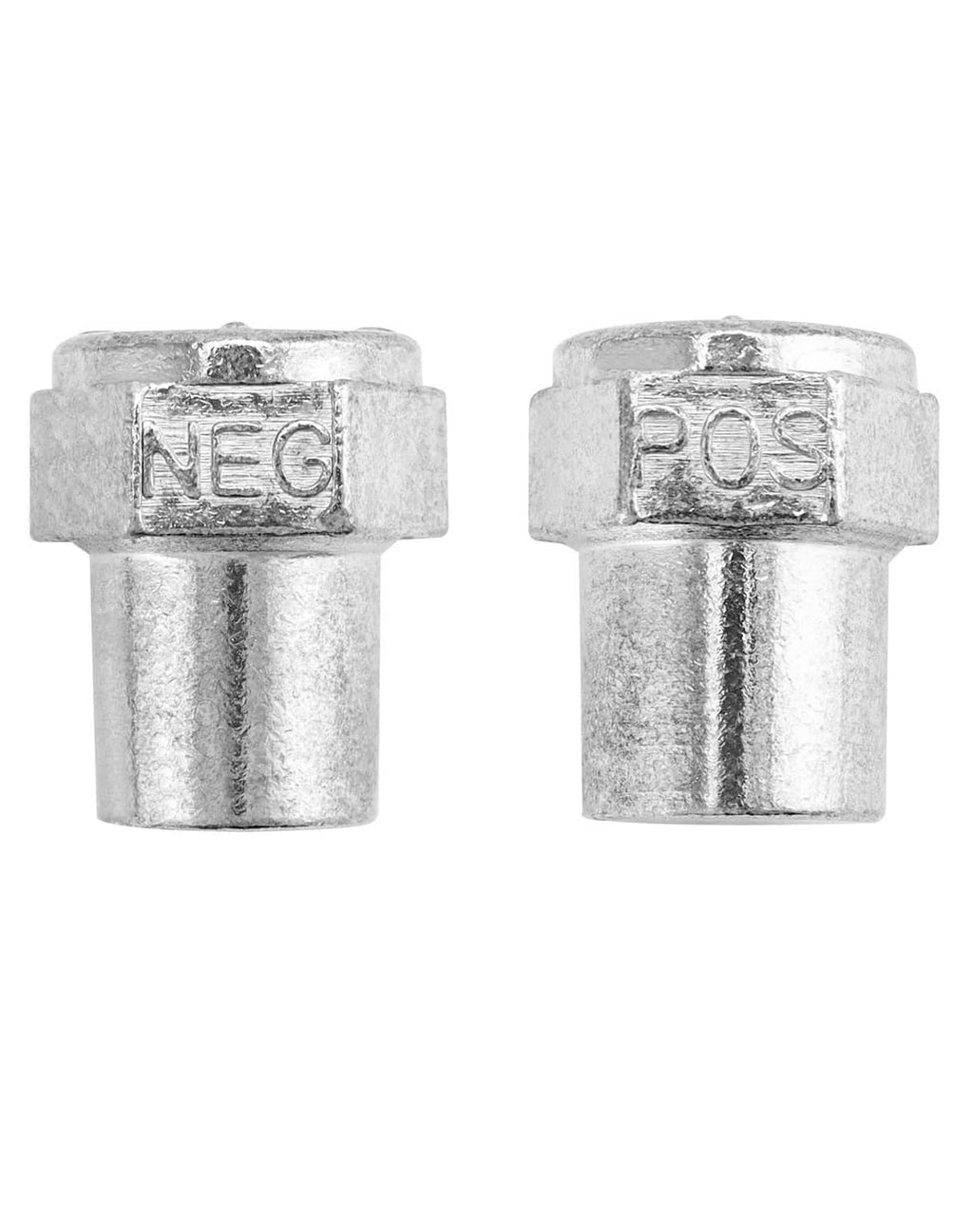Two zinc alloy battery terminal nuts: NEG on left, POS on right, threaded opening.