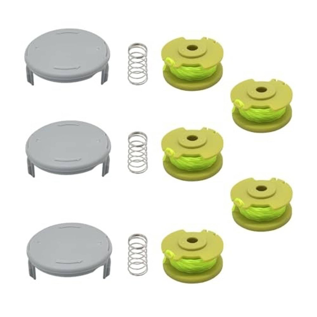 Assorted trimmer spool caps and green replacement line spools with coiled metal spring