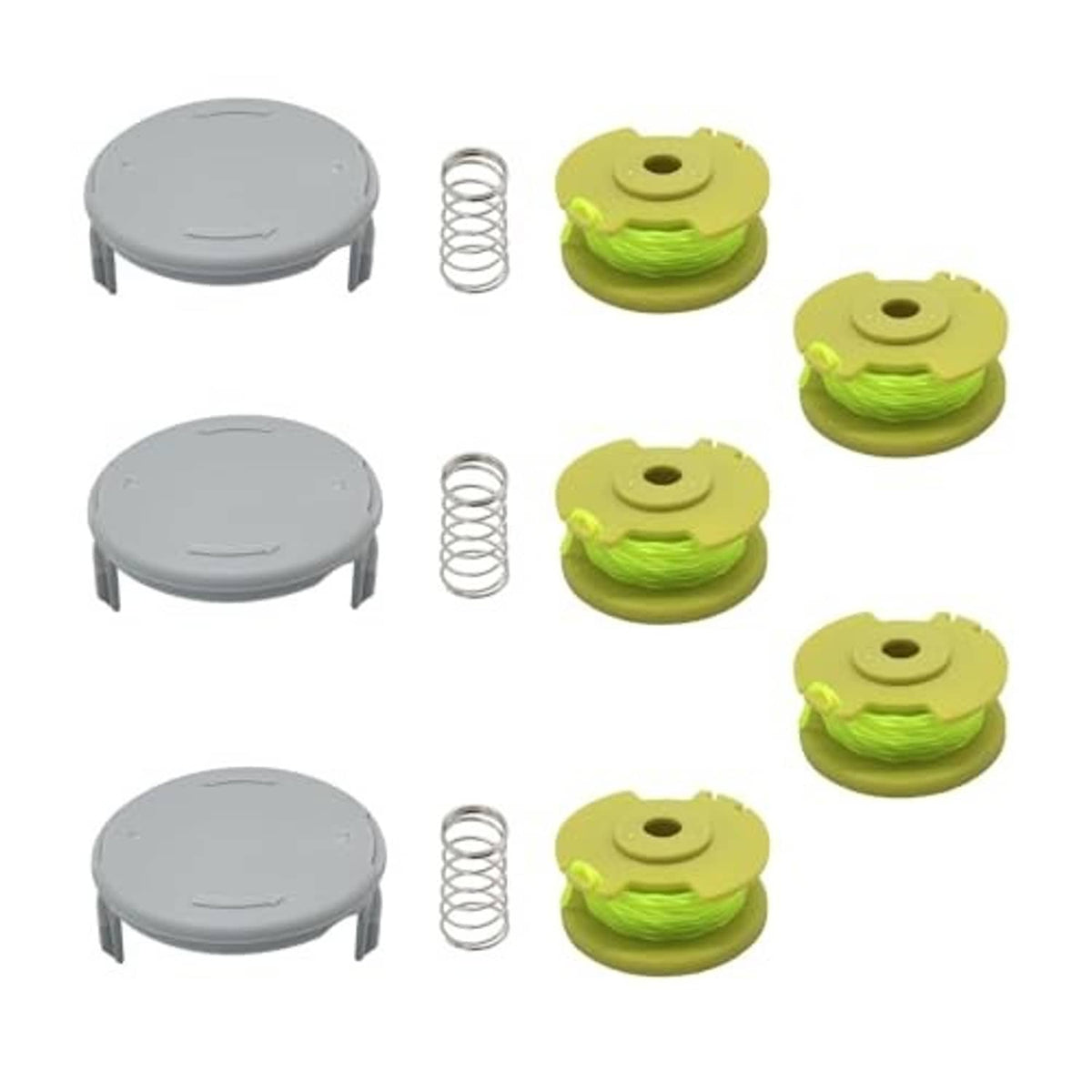 Assorted trimmer spool caps and green replacement line spools with coiled metal spring