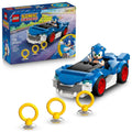 LEGO Sonic speedster race car toy, blue with Sonic figure and three yellow rings