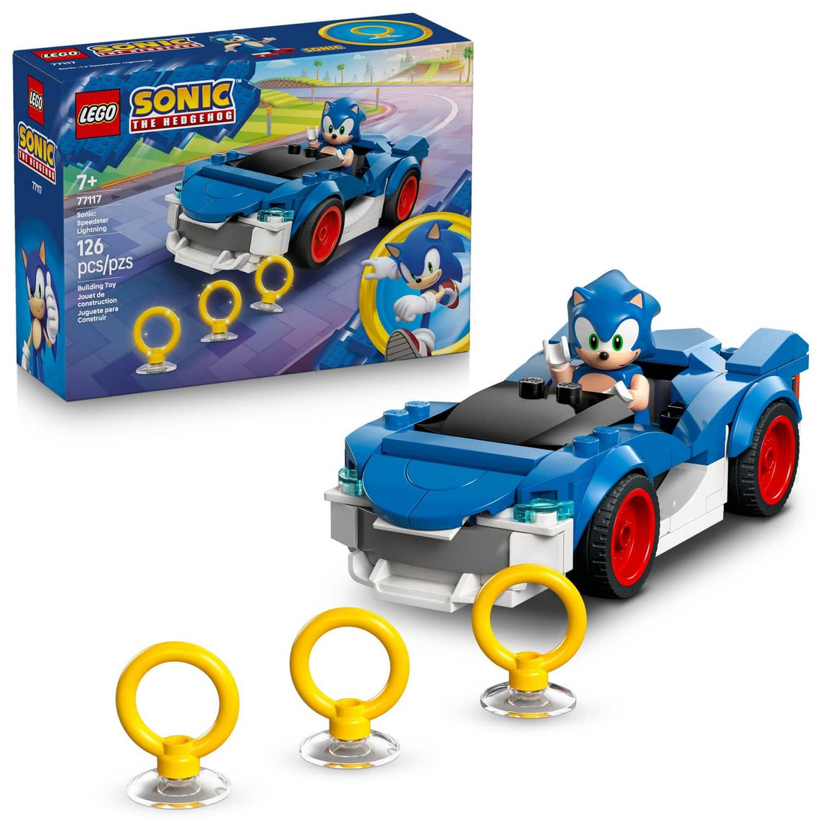 LEGO Sonic speedster race car toy, blue with Sonic figure and three yellow rings