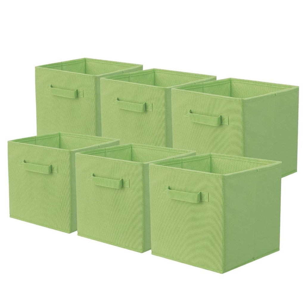 Set of 6 foldable green fabric storage cubes with front pull handles