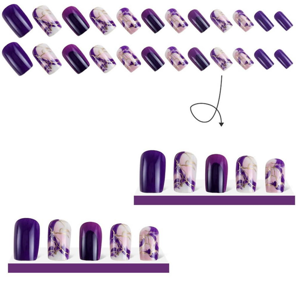 Sheet of purple press-on nails with marble and gold-line designs, short square shape