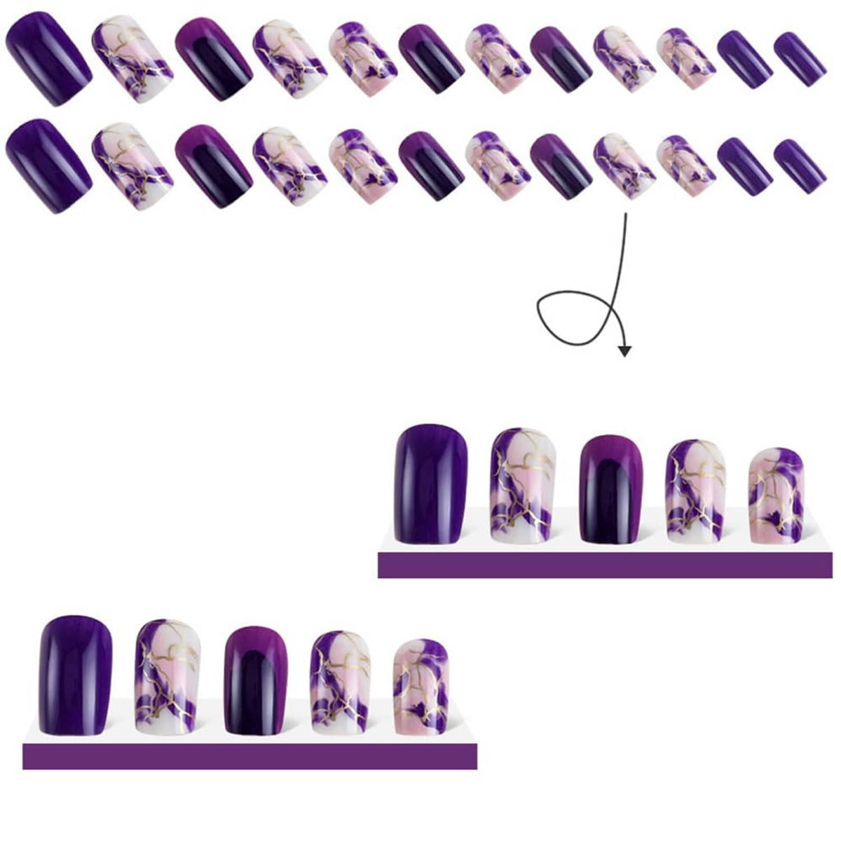 Sheet of purple press-on nails with marble and gold-line designs, short square shape