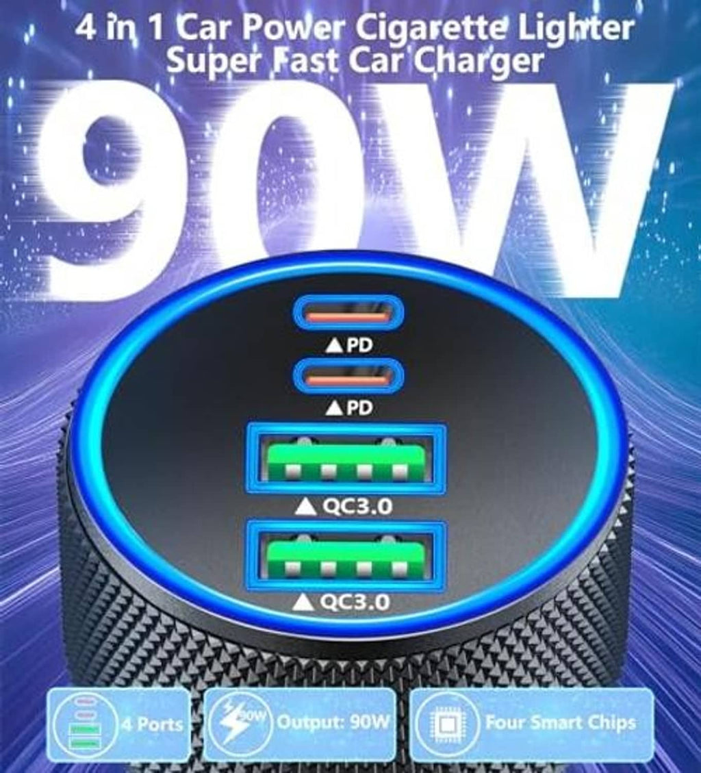 Black 4-port car power charger with glowing LED port labels and textured grip body