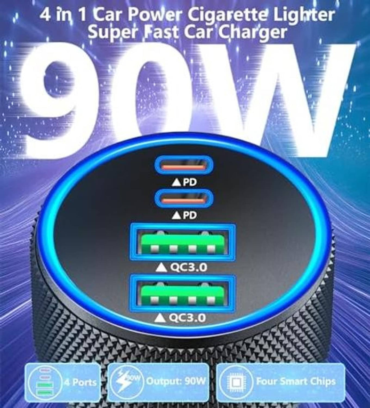 Black 4-port car power charger with glowing LED port labels and textured grip body