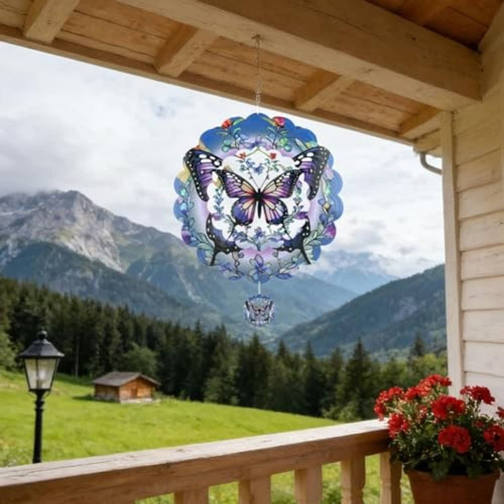 Blue butterfly wind spinner hanging from a porch beam with small hanging medallion