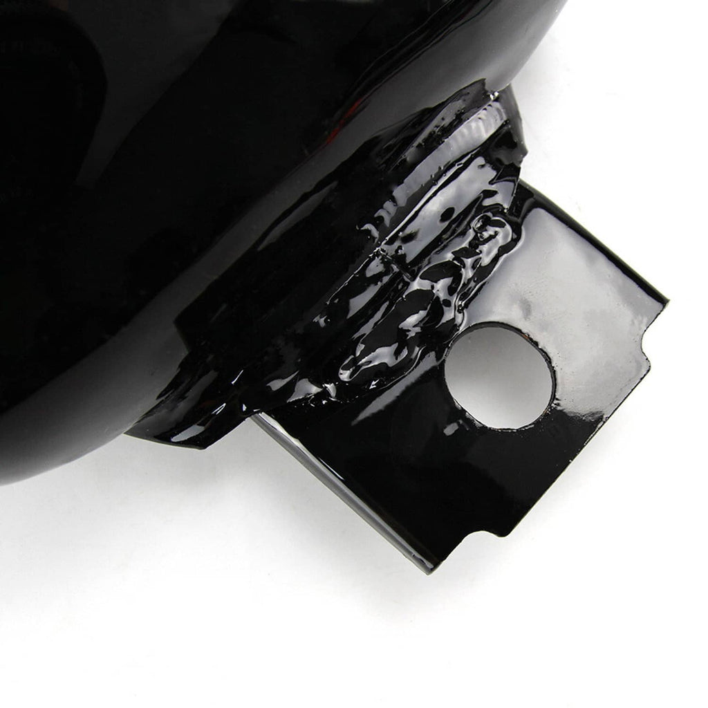 Black fuel tank underside with mounting bracket and round fuel outlet opening