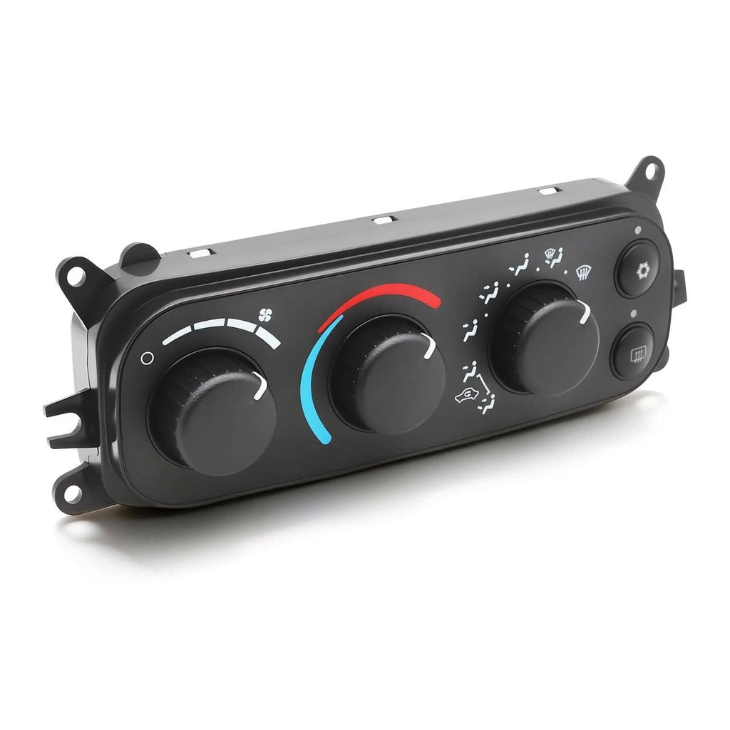 A/C heater climate control module with gray housing, three control knobs, and icon labels