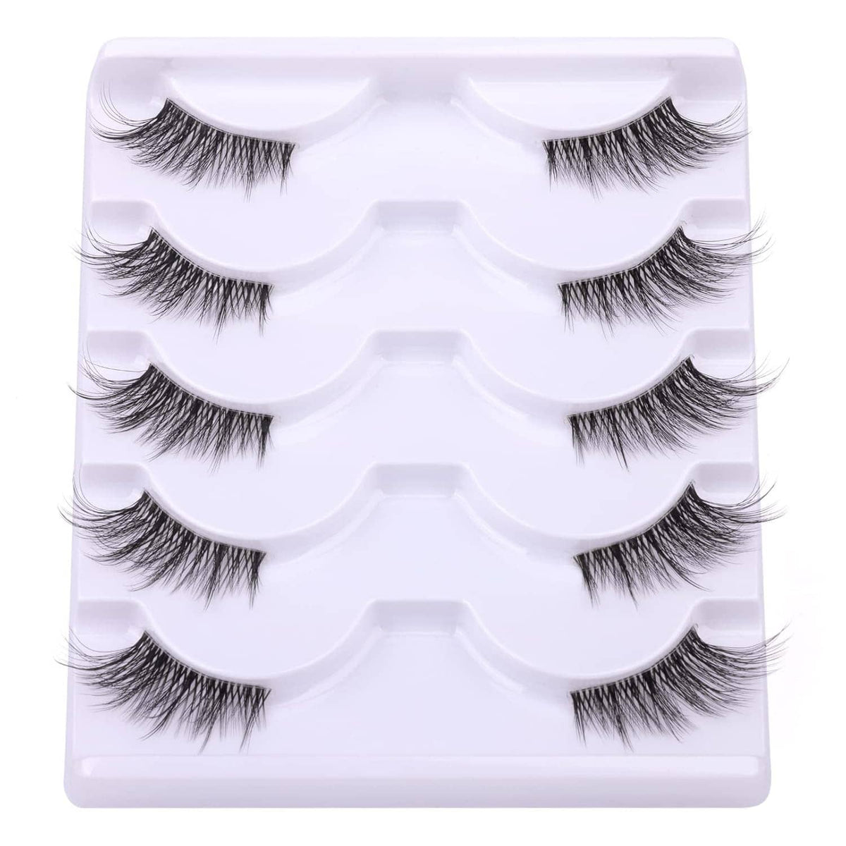 3/4 wispy false eyelashes with clear band, three pairs on a white molded tray