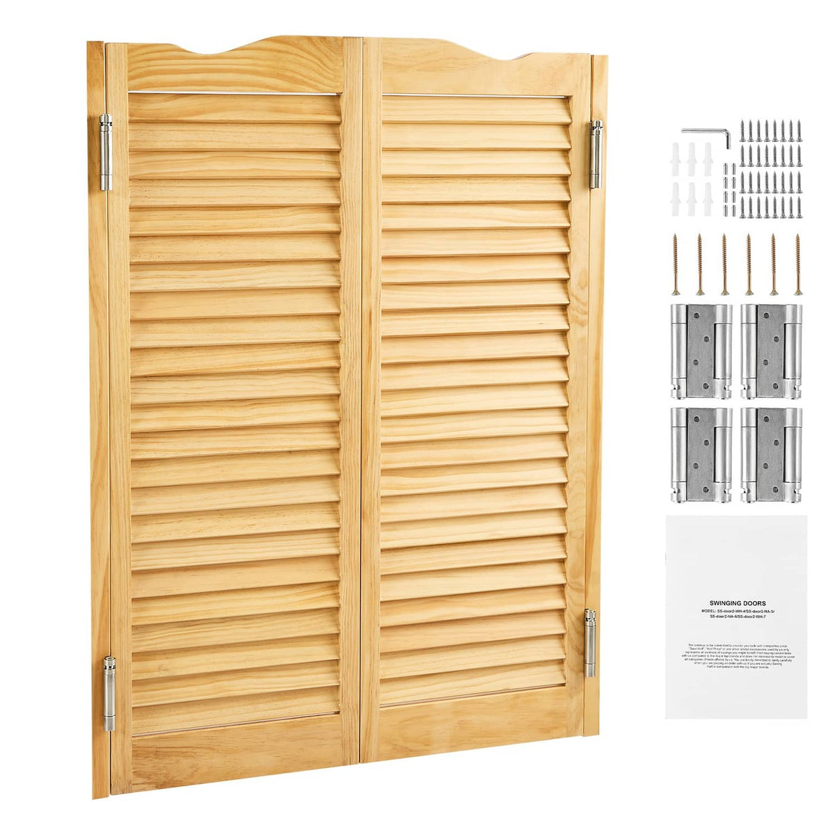 Pine wood double-swing saloon doors with arched top, shutter slats, and metal hinges