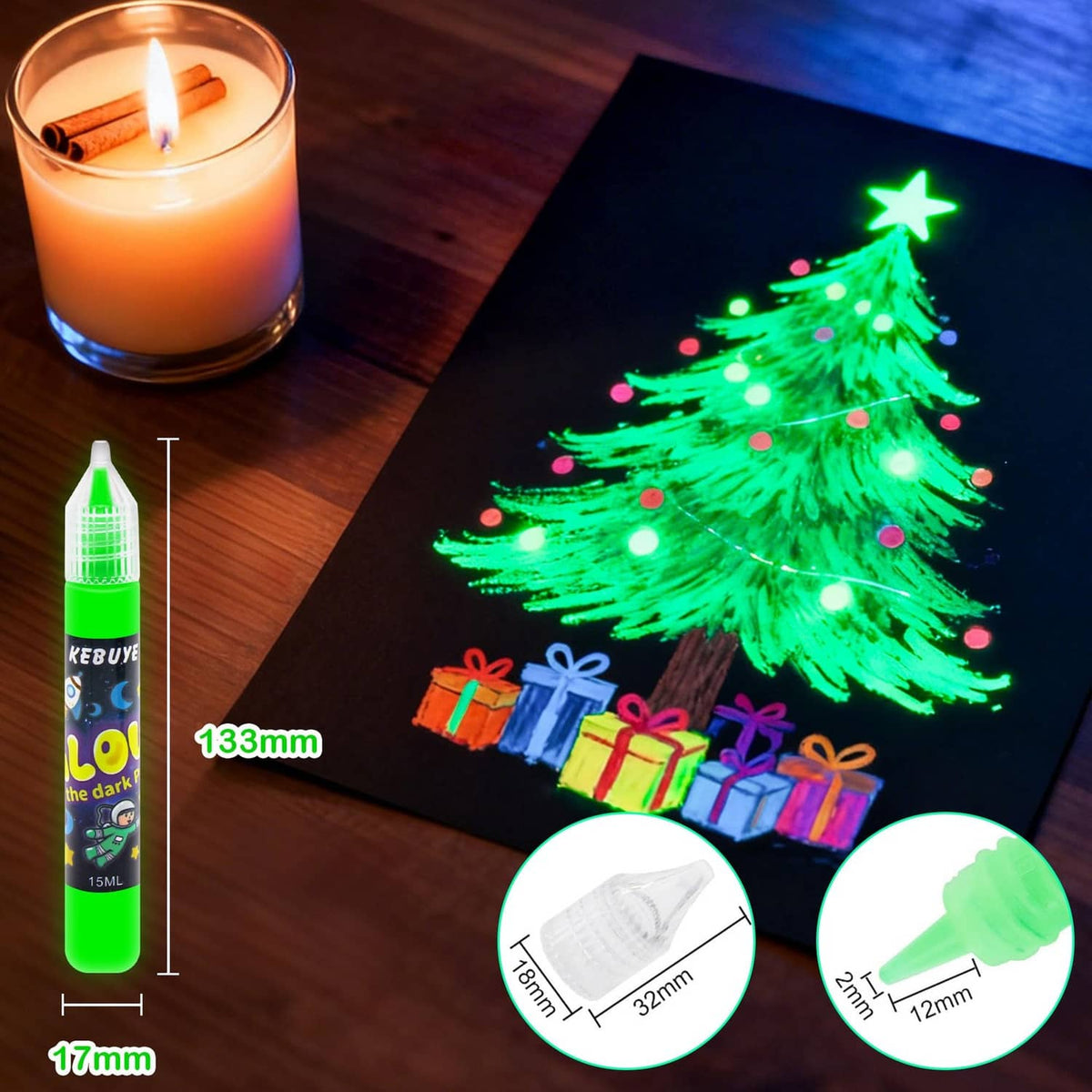 Glow acrylic paint bottle and glowing green tree drawing on a card with color highlights