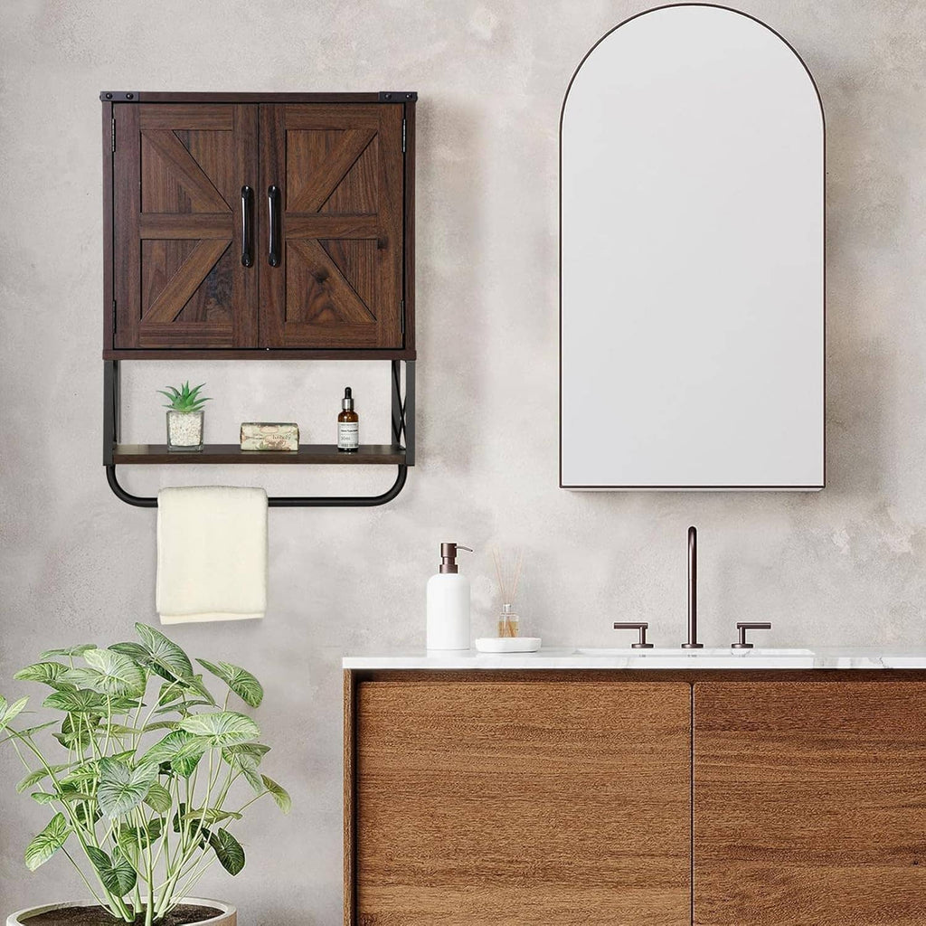 Wood wall cabinet with barn doors, open shelf with accessories, plus towel bar and hanging towel