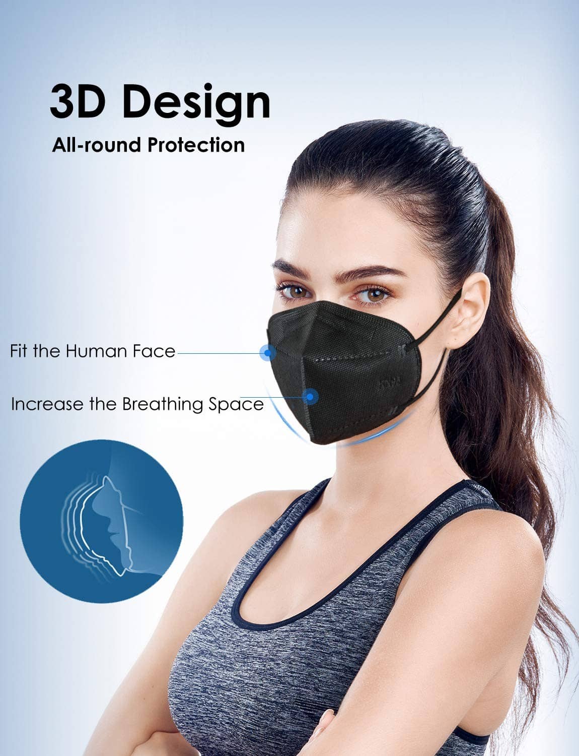 KN95 respirator face mask in deep black on a person, 3D all-around design