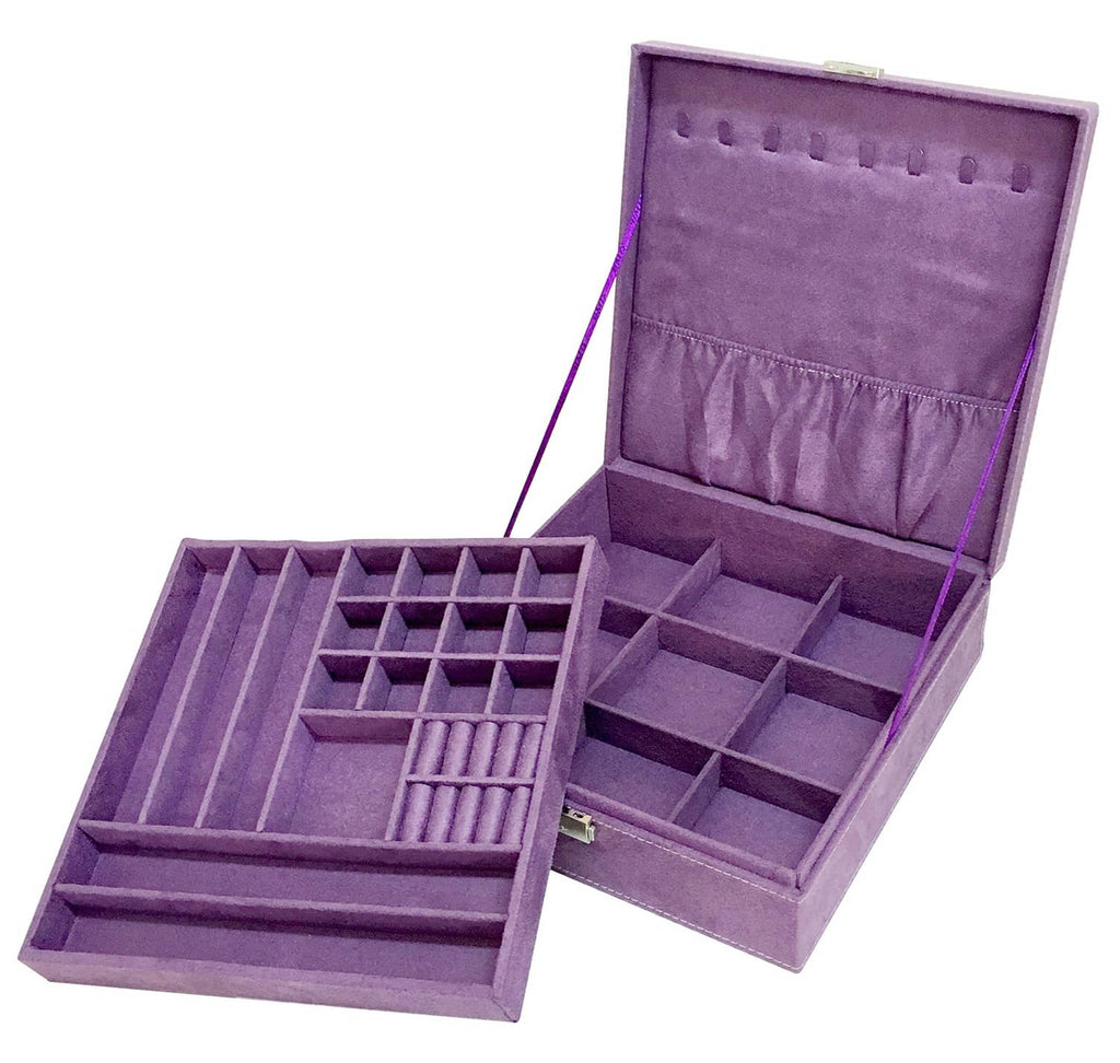 Two-layer purple jewelry box organizer, open with stacked compartment trays