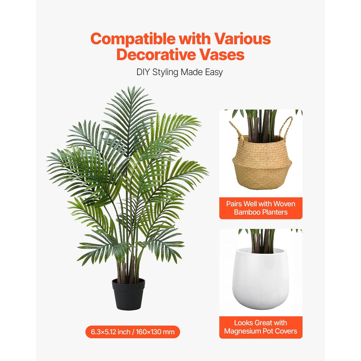 Artificial areca palm tree in a black pot with green fronds