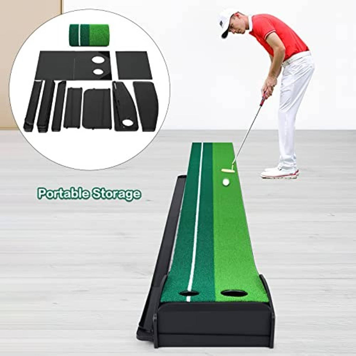 Portable golf putting mat with green turf and included storage accessories in a foldable set