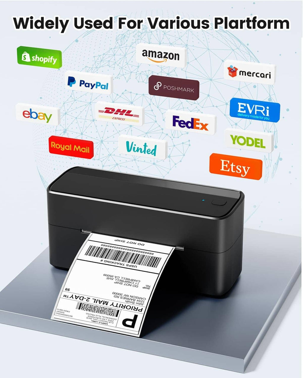 Black thermal label printer with barcode label loaded and power light on