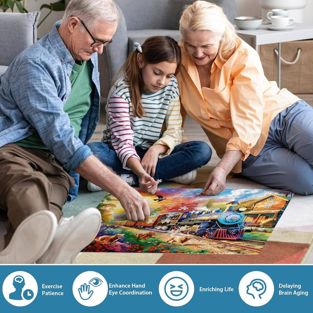 Dog and train jigsaw puzzle on table, pieces being arranged by a family