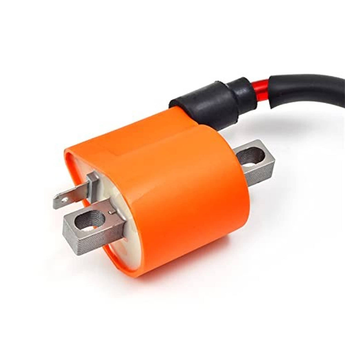 Orange ignition coil with metal terminals and black lead wires